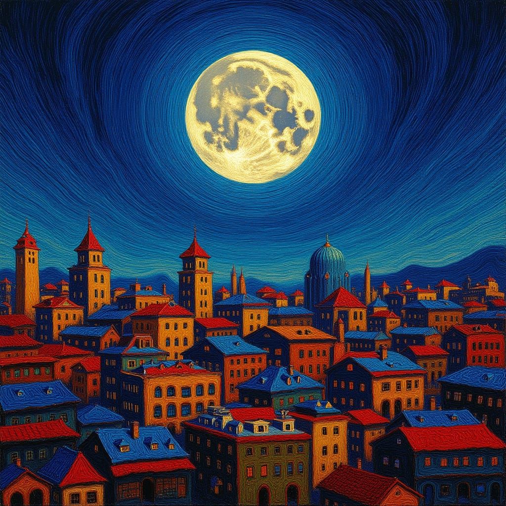 Ethereal Cityscape with Full Moon and Vibrant Colors