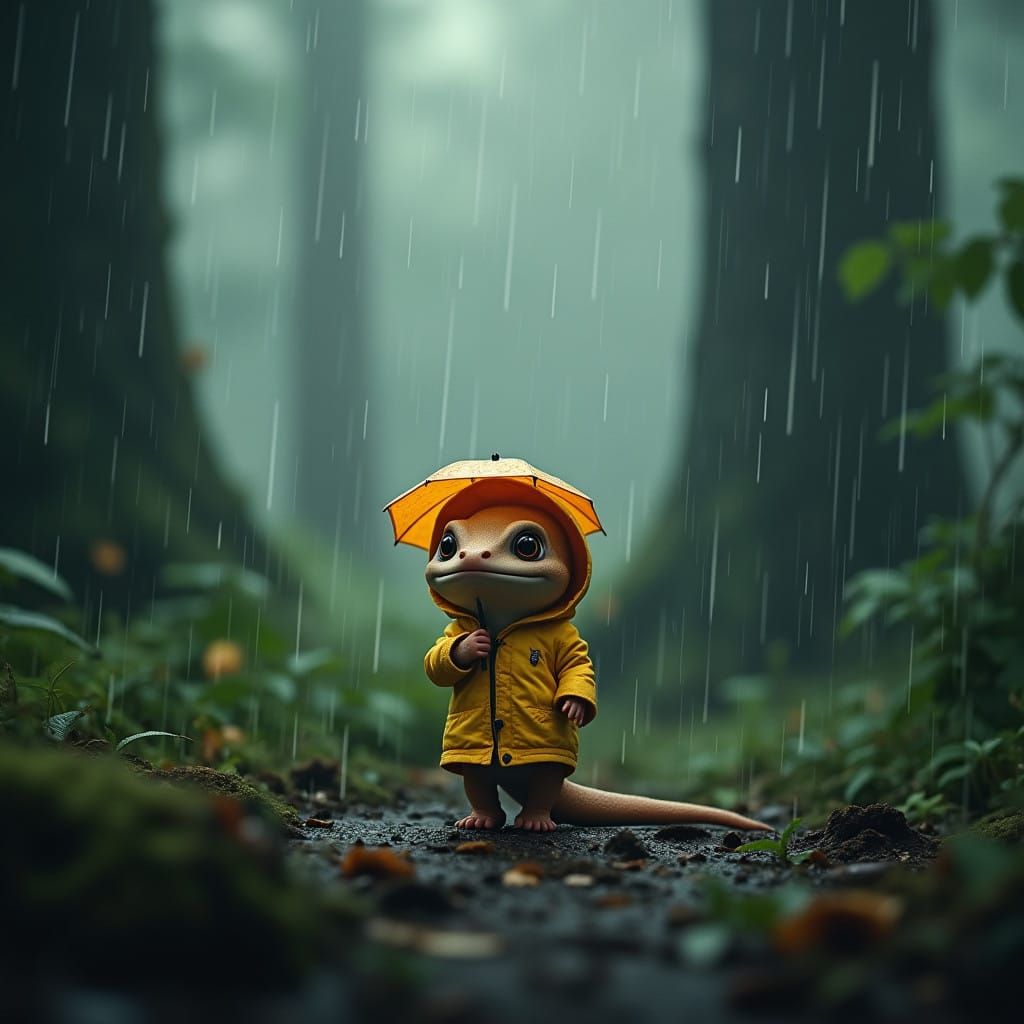 Surreal Baby Salamander Stands Under Cinematic Rainy Forest