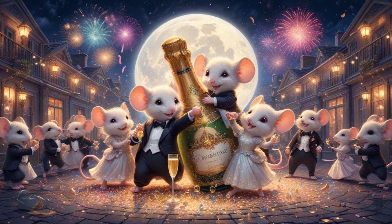 Mice Celebrate New Year on Rooftop with Fireworks