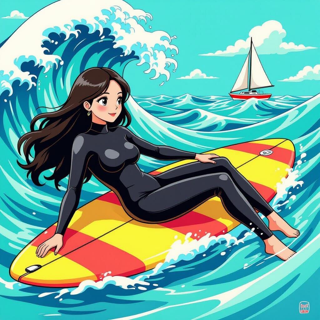 Giant Surfer Girl on Turquoise Ocean, Stylized Art