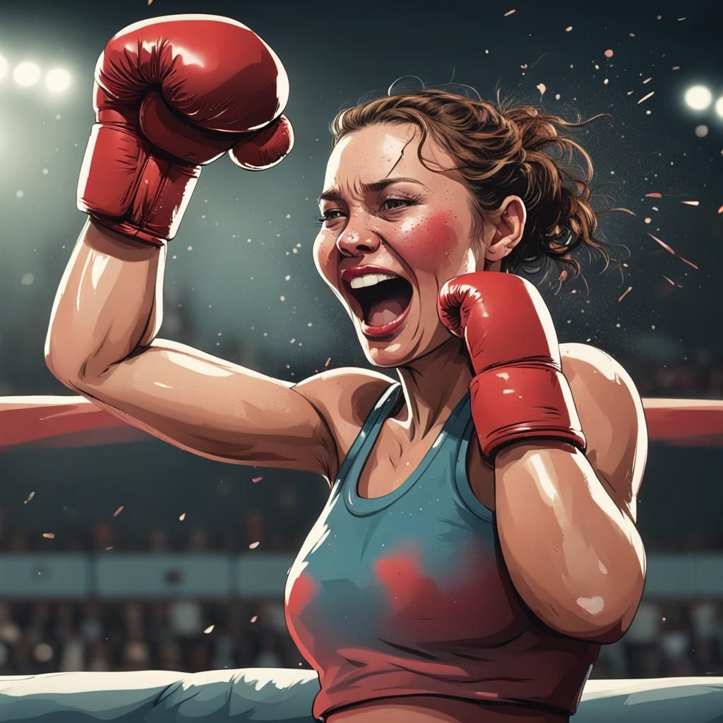 Triumphant Woman Boxer Celebrates Knockout Victory