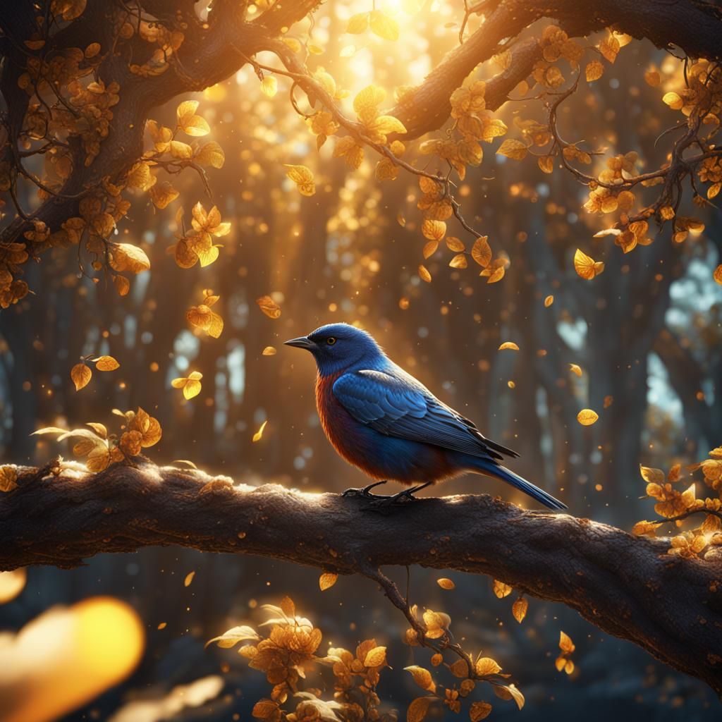 Sunlit Bird on Tree: Detailed Fantasy Art