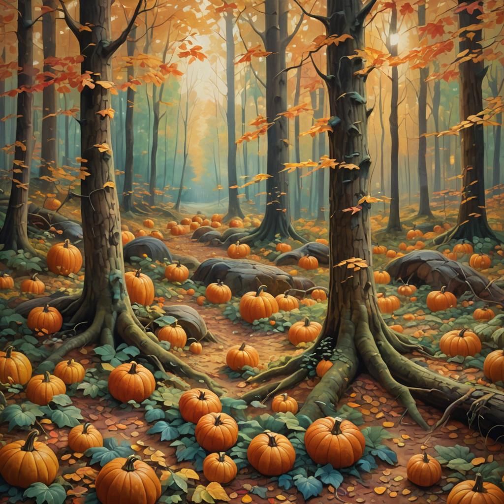 Pumpkins in Autumn Forest: Oil Painting in Triadic Colors