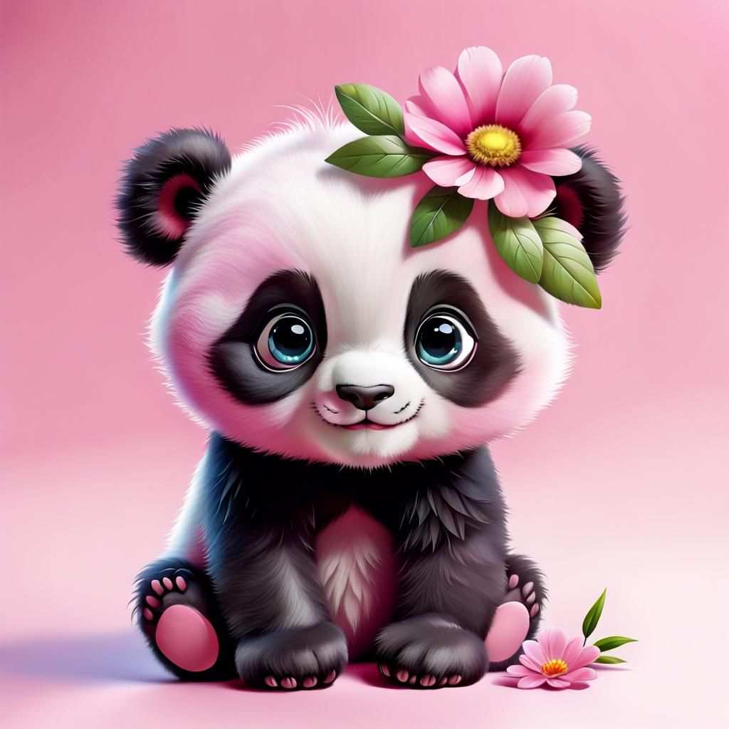 Cute Panda Cub with Flower, Adorable Portrait
