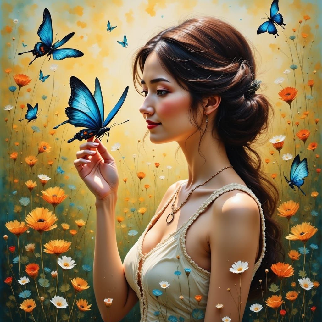 Serene Woman in Vibrant Whimsical Meadow, in Art Nouveau Sty...