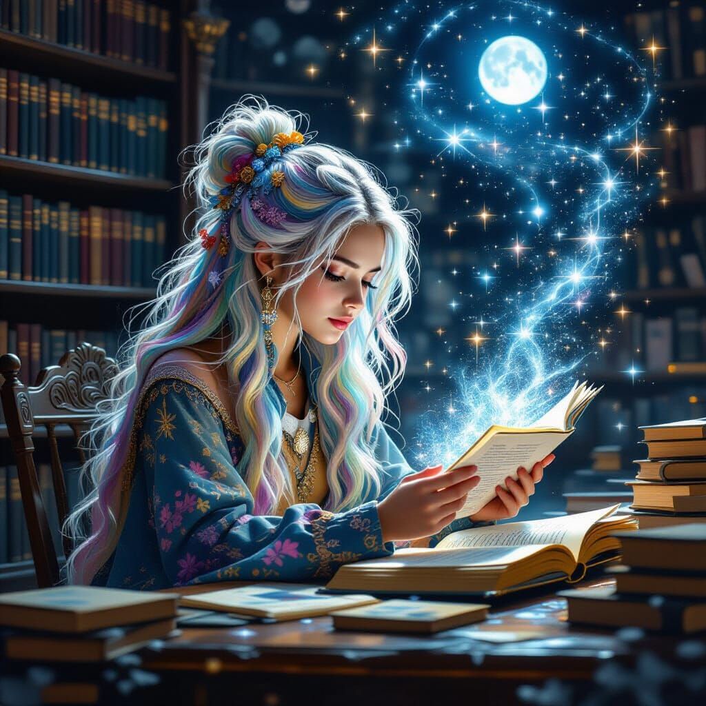 Ethereal Scholar Studying Dream Language With Moonlight Desk