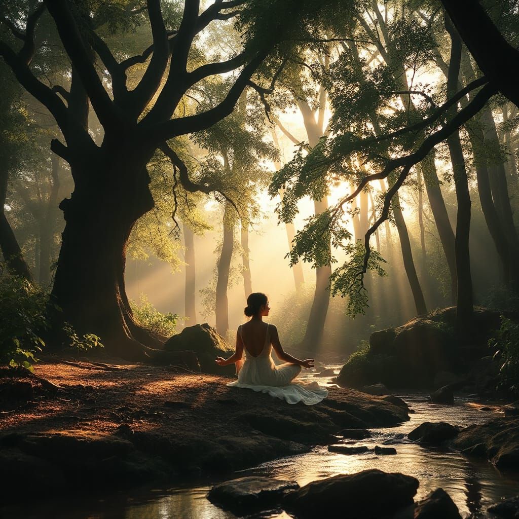 Filipina Woman Meditating in Sunlit Forest Clearing