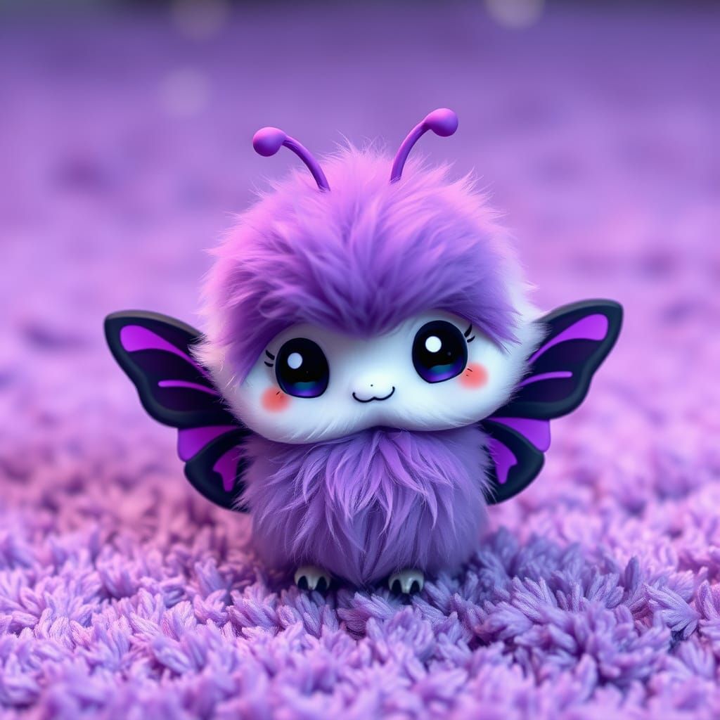 Chibi Purple Moth Perches on Vibrant Carpet