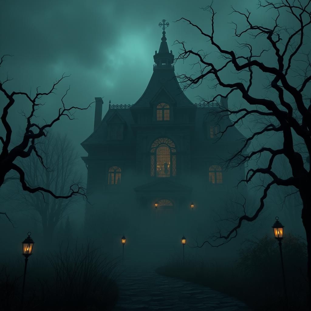 Eerie Mansion in Fog: A Dark Fantasy Landscape