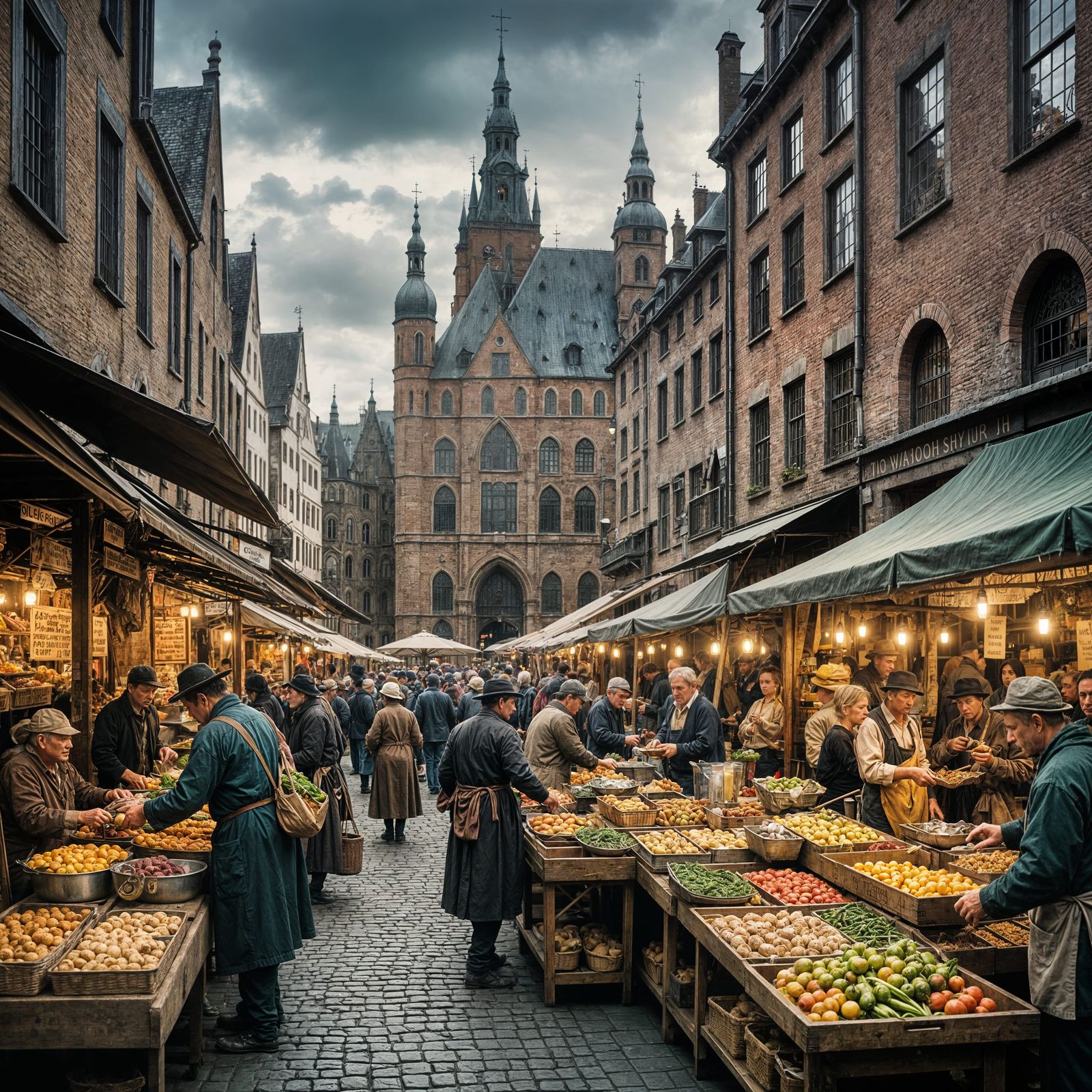 Lively Market Scene in Hyperrealistic Style