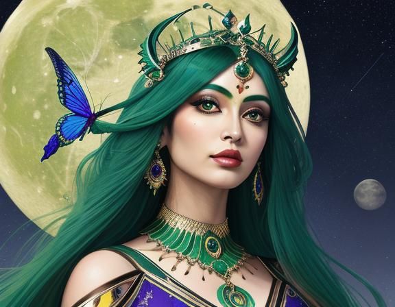 Moon Goddess with Moth Features in Abstract Art