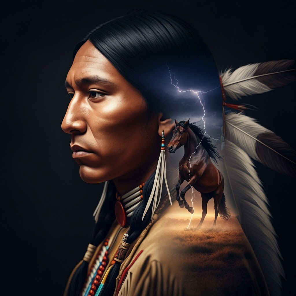 Native American Man and Stallion in Double Exposure