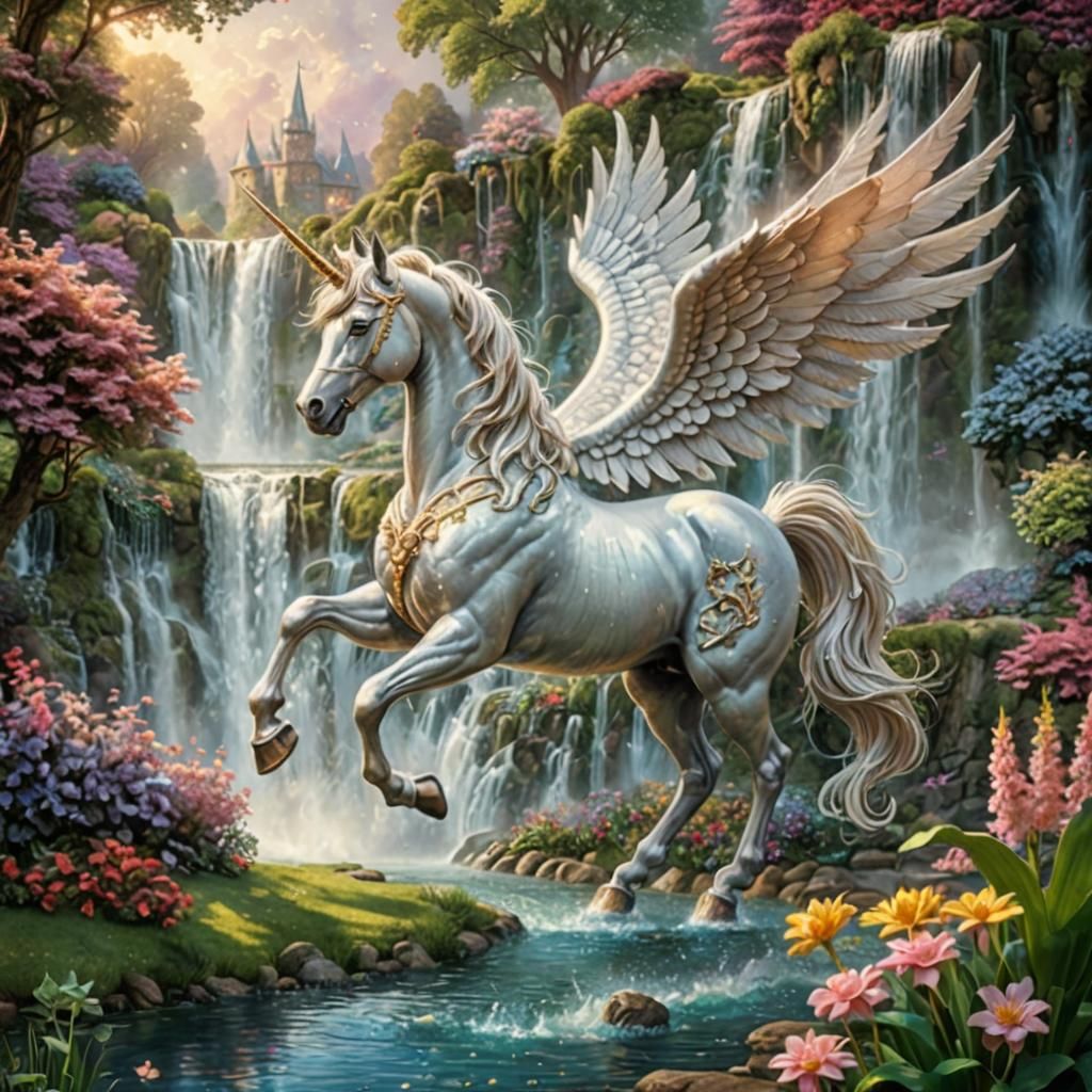 Detailed Unicorn-Pegasus in Magical Garden, Candy Art
