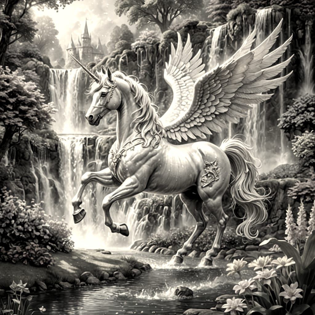 Detailed Unicorn-Pegasus in Magical Garden, Candy Art
