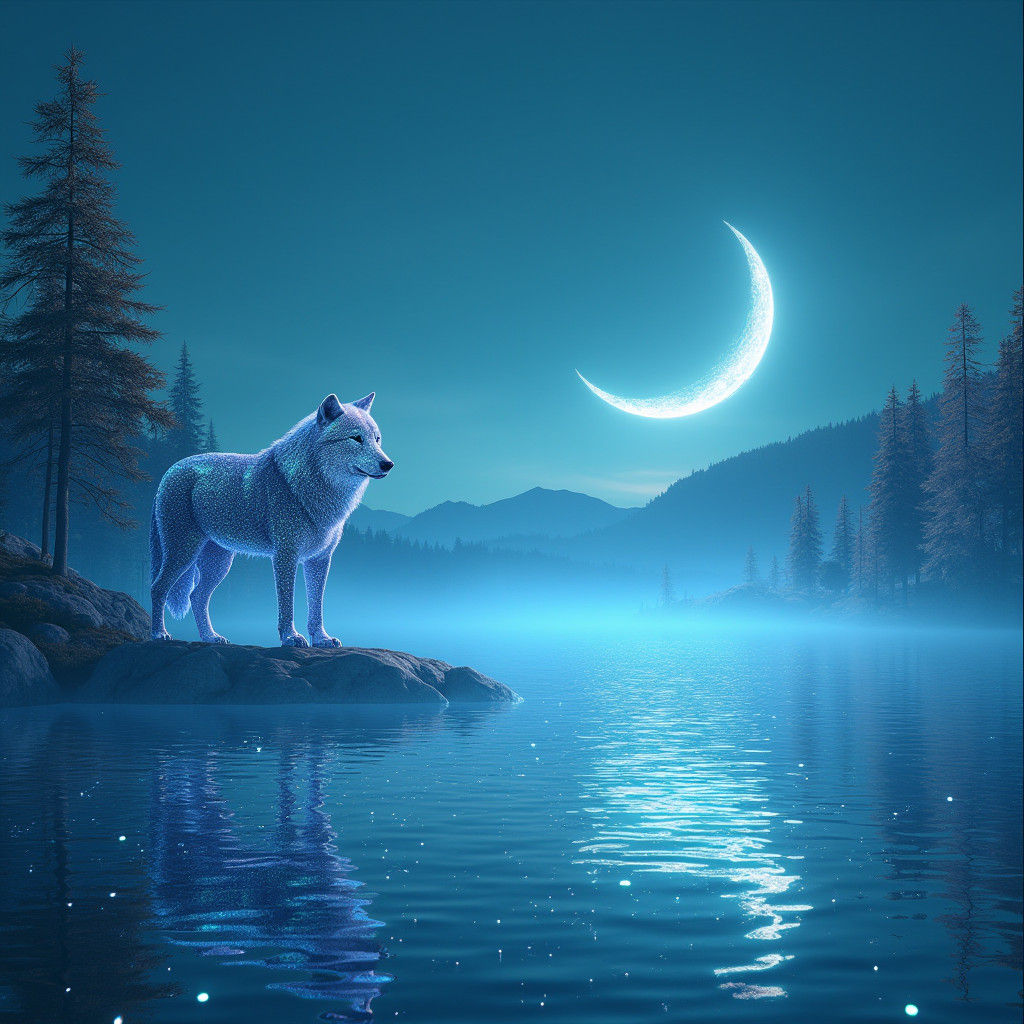 Luminous Wolf in Bioluminescent Forest, Digital Art