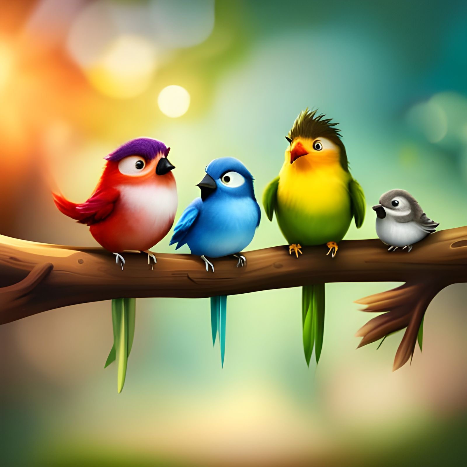 Cute Birds on Branch in Storybook Style