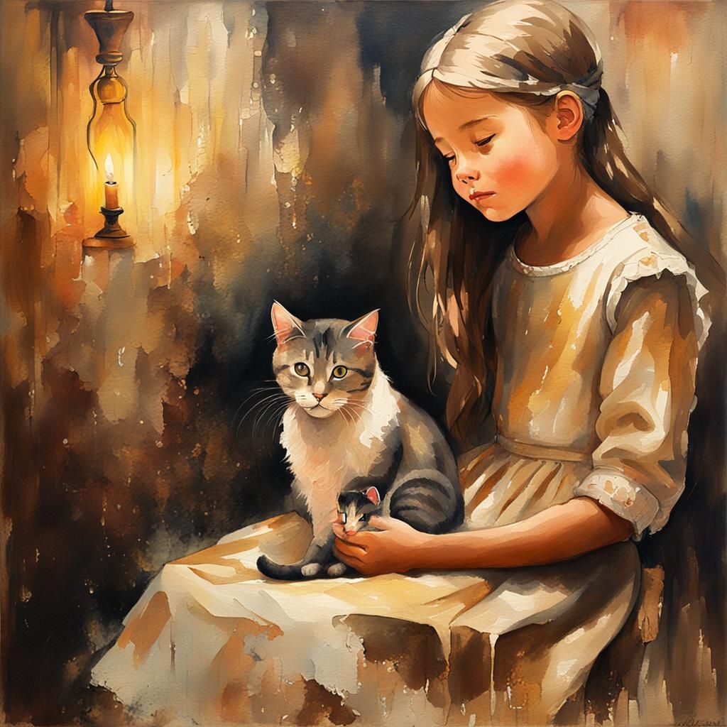 Girl and Cat in Distressed Oil Painting