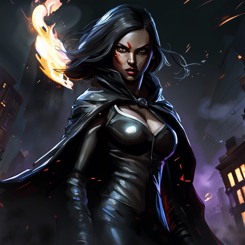 Superheroine Battles Villains in Chaotic Cityscape