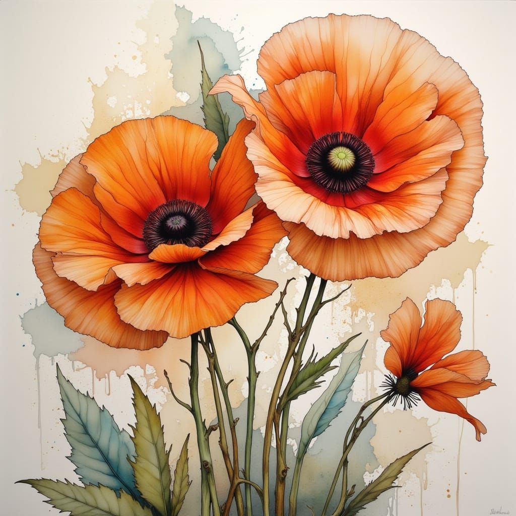 Vibrant Poppies in Neurographic Art Style