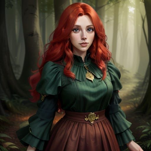 Concept Art of Red-Haired Woman in Ethereal Forest