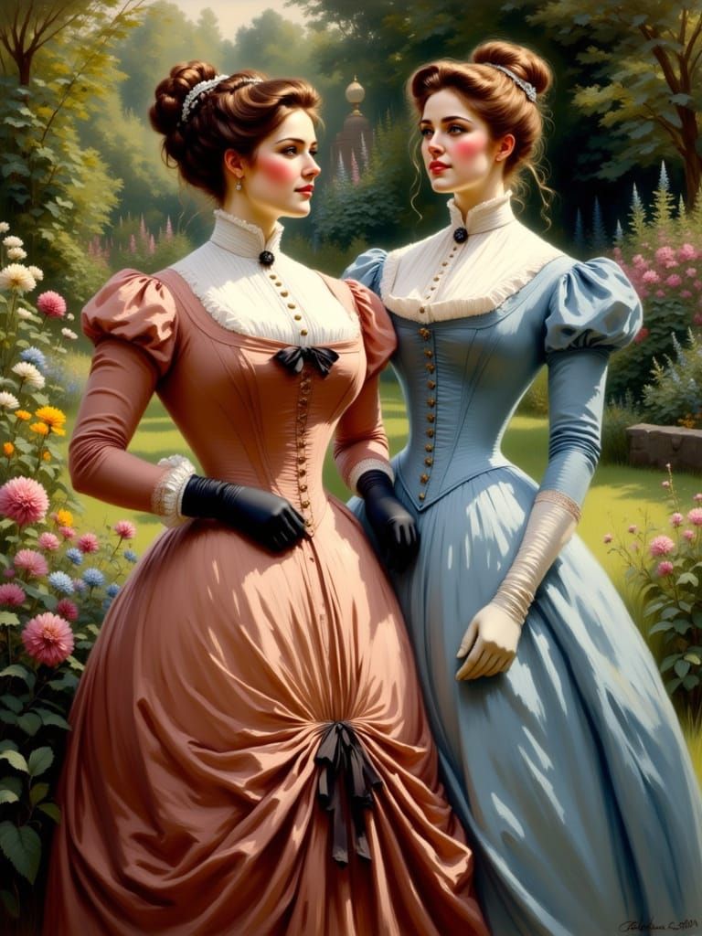 Victorian Women in Garden, Oil Painting Style
