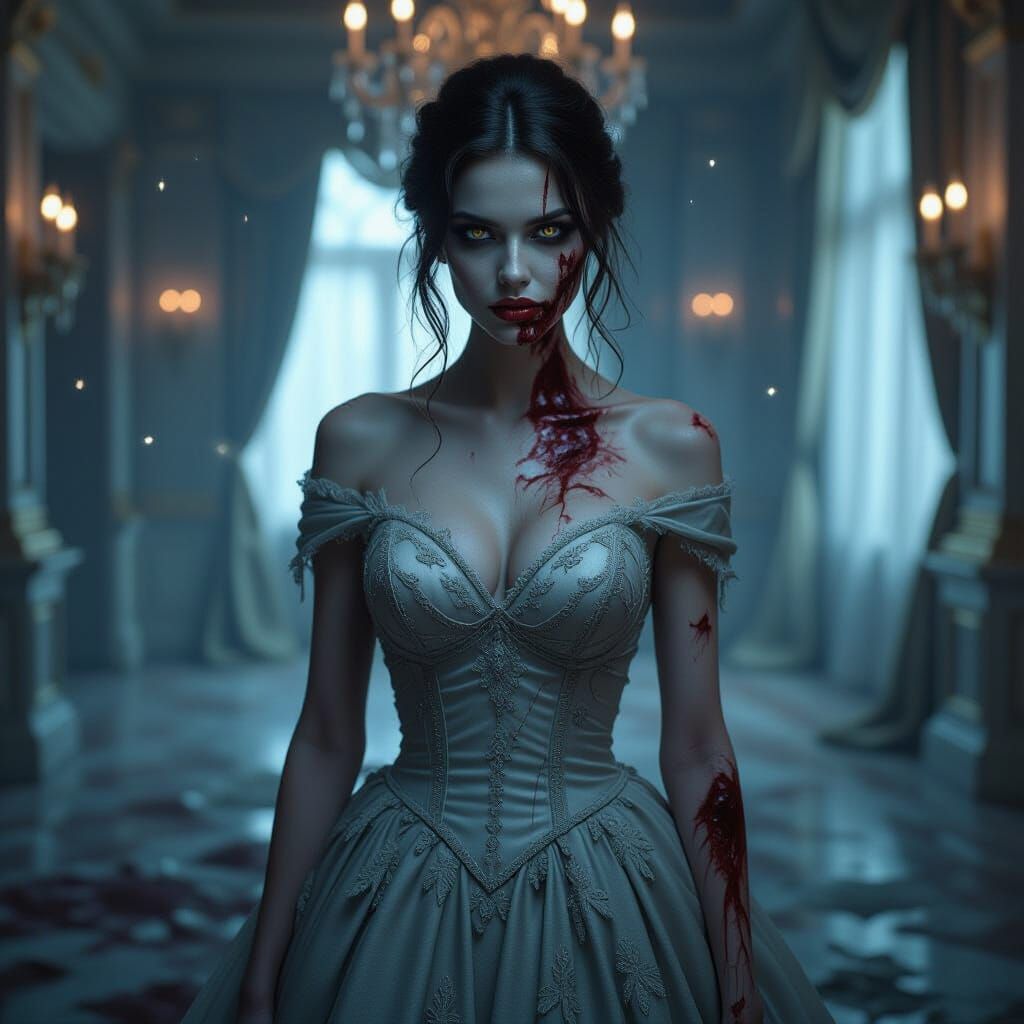 Hyperrealistic Zombie Woman in Elegant Prom Dress