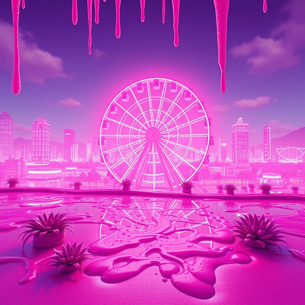 Pink Neon City Ferris Wheel in Fractal Art Style