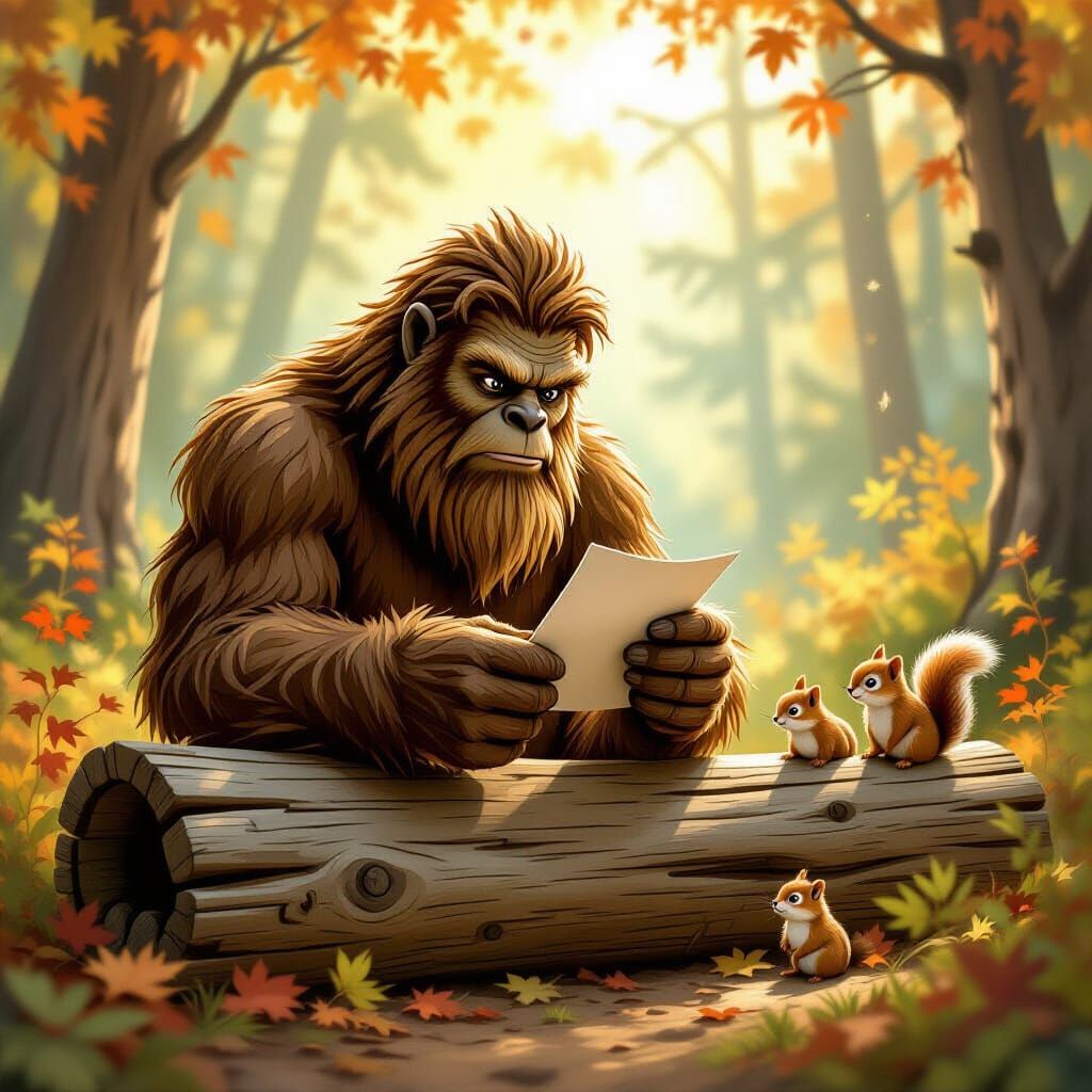 Bigfoot Mailing a Letter with Chipmunks in Autumn Forest