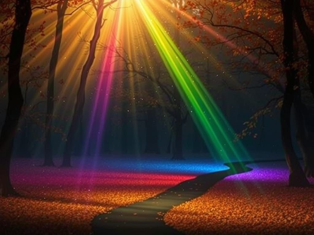 Cosmic Rainbow Light Through Autumn Forest at Dawn