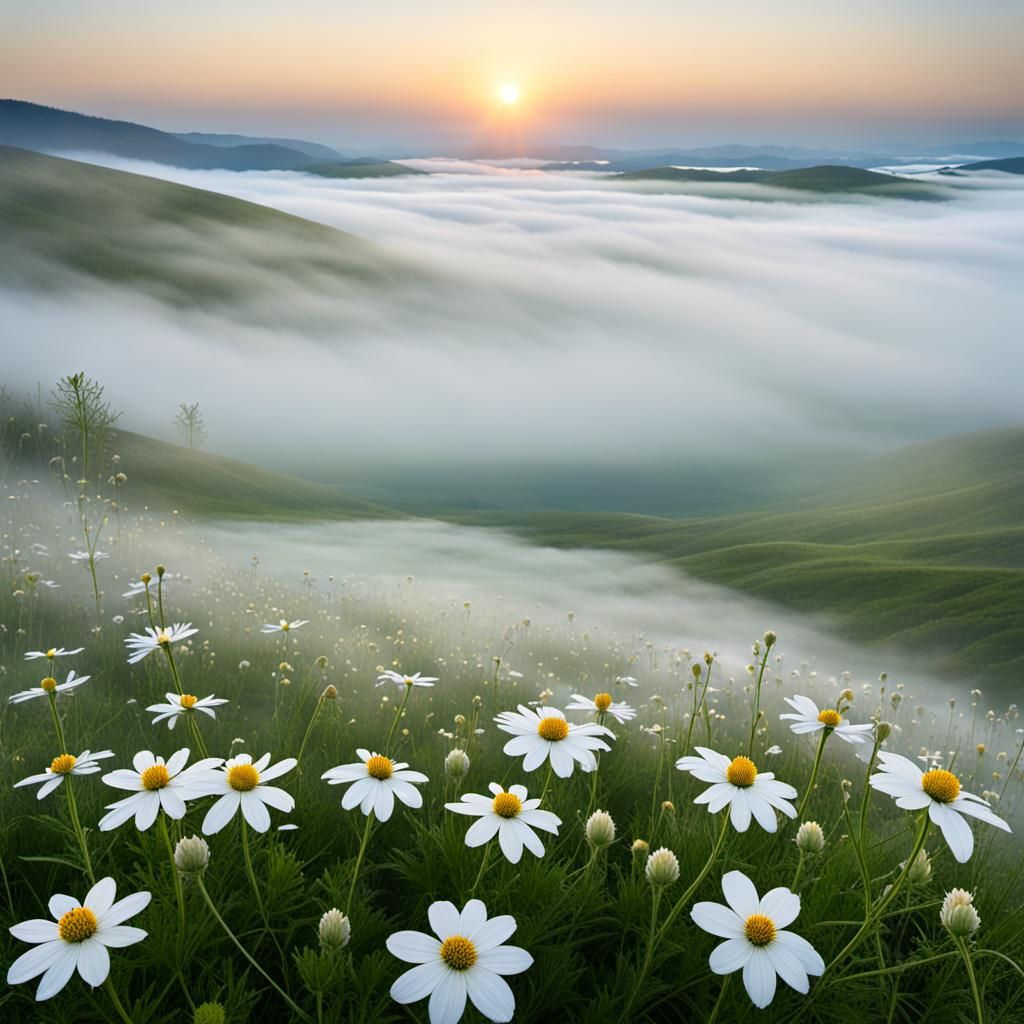 White Wildflower in Misty Valley Sunrise