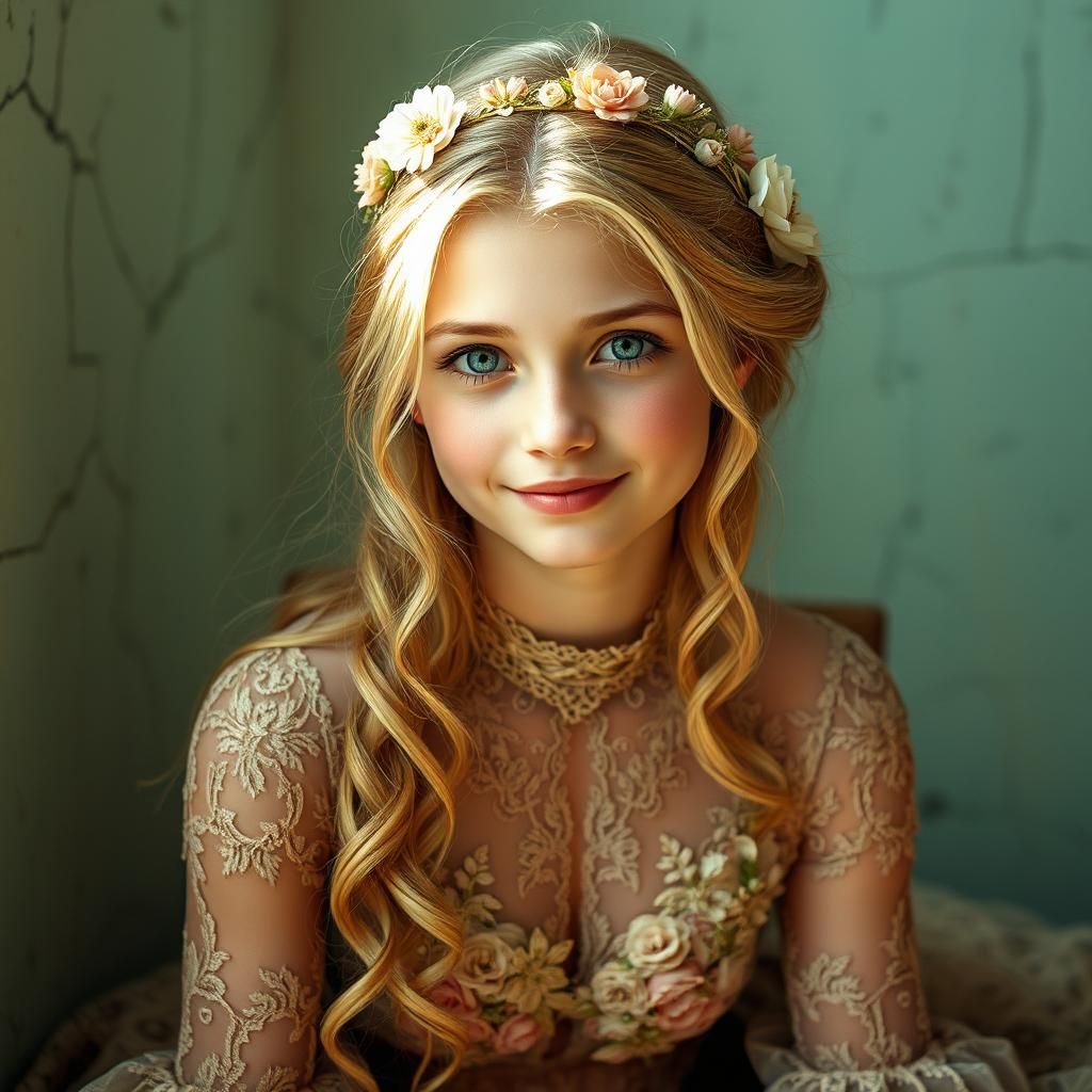 Young Maiden in Lace Gown with Floral Headpiece