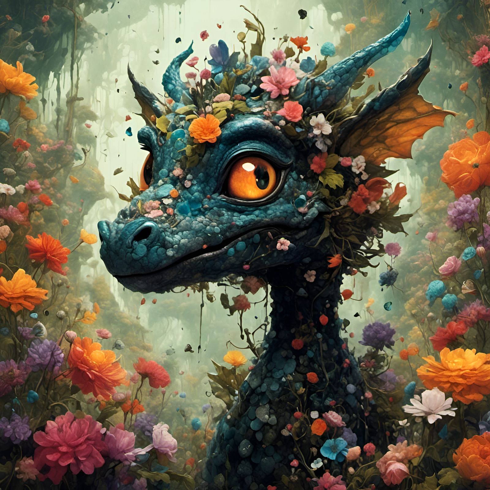 Gemstone Dragon with Black Flowers in Hyperrealistic Style