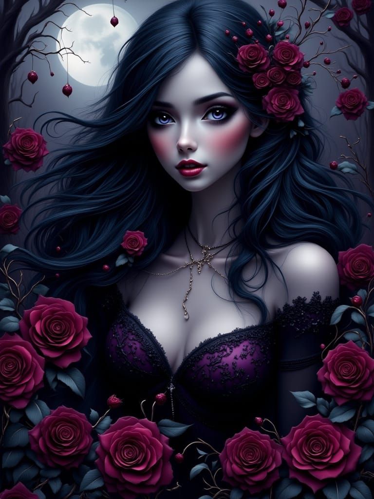 Gothic Woman in Moonlit Garden