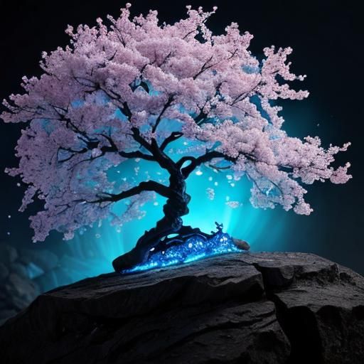 Fluorescent Cherry Blossom Tree on Lava Rock