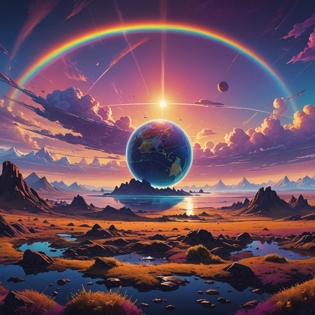 Earth Surrounded by Rainbow Circle, Digital Matte Painting