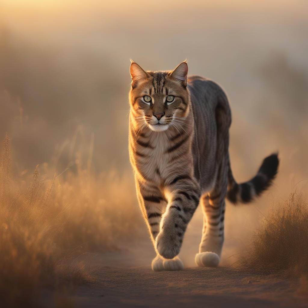 Hyper-Realistic Feline Hybrid on Misty Savannah