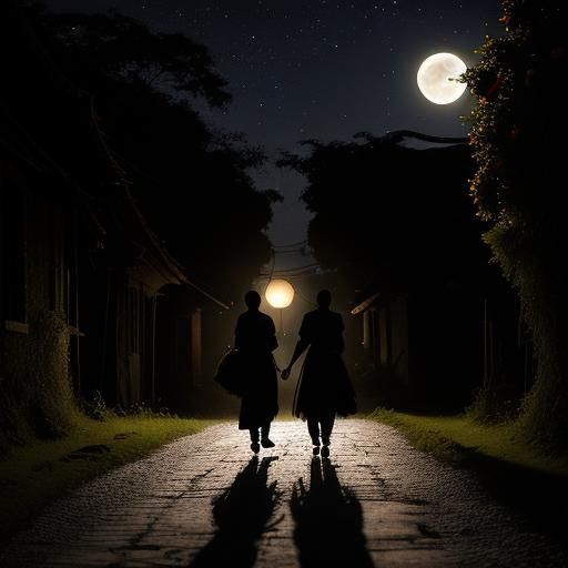 Couple Walking on Village Road in Moonlight