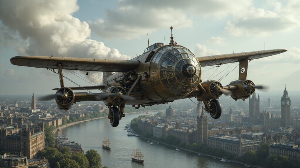 Steampunk Dog-Shaped Airplane Over Victorian London