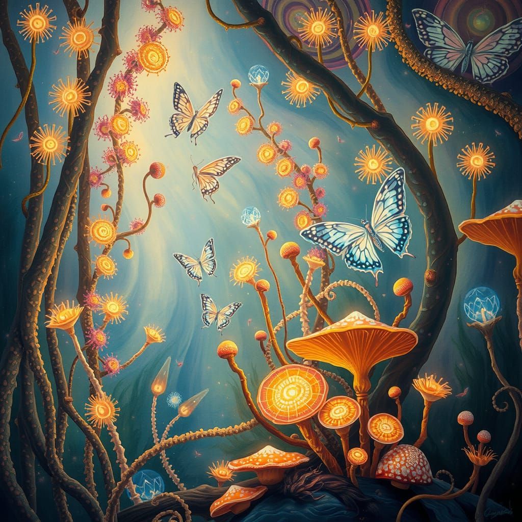 Luminous, Crystal Beings Dance in a Kaleidoscopic Ecosystem