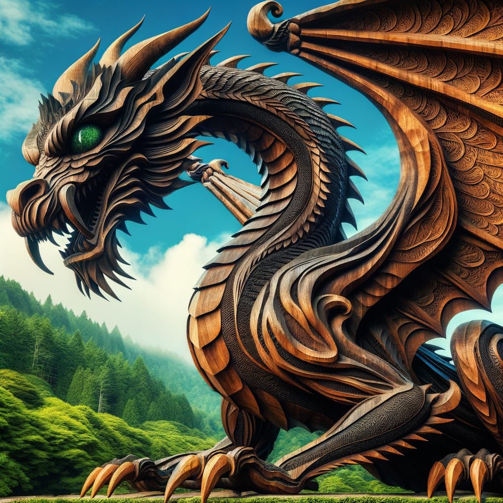 Intricately Carved Wooden Dragon with Emerald Eyes