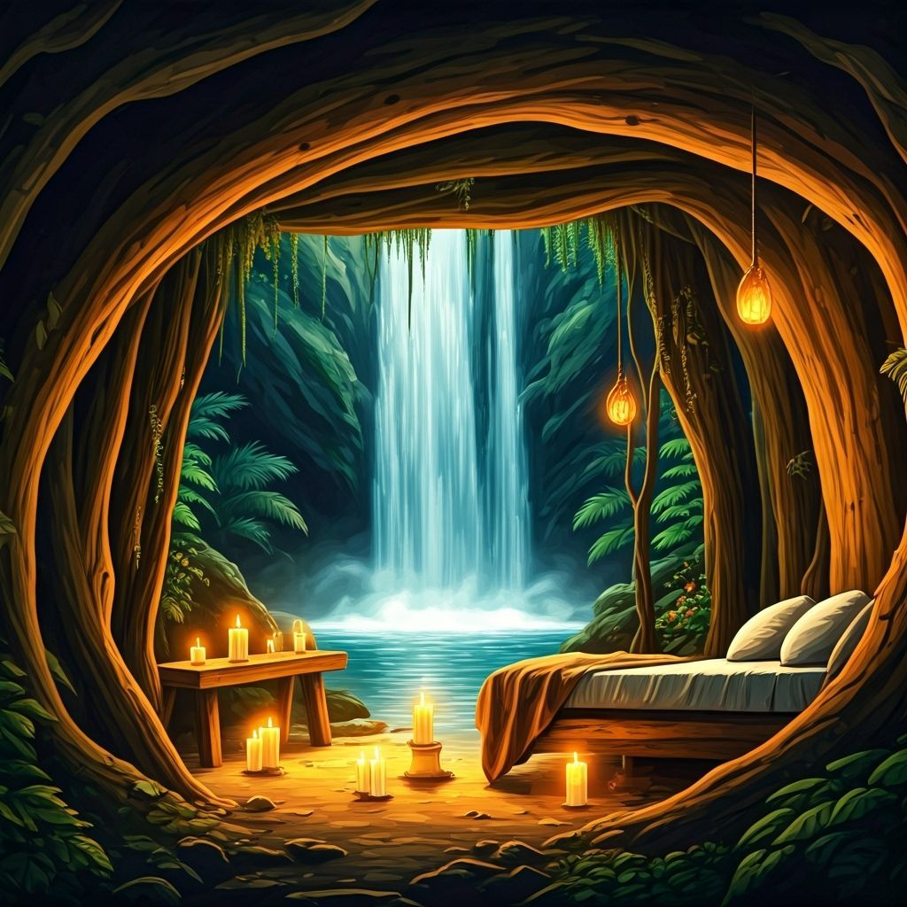 Cozy Cave Under Waterfall, Illuminated by Natural Light and ...