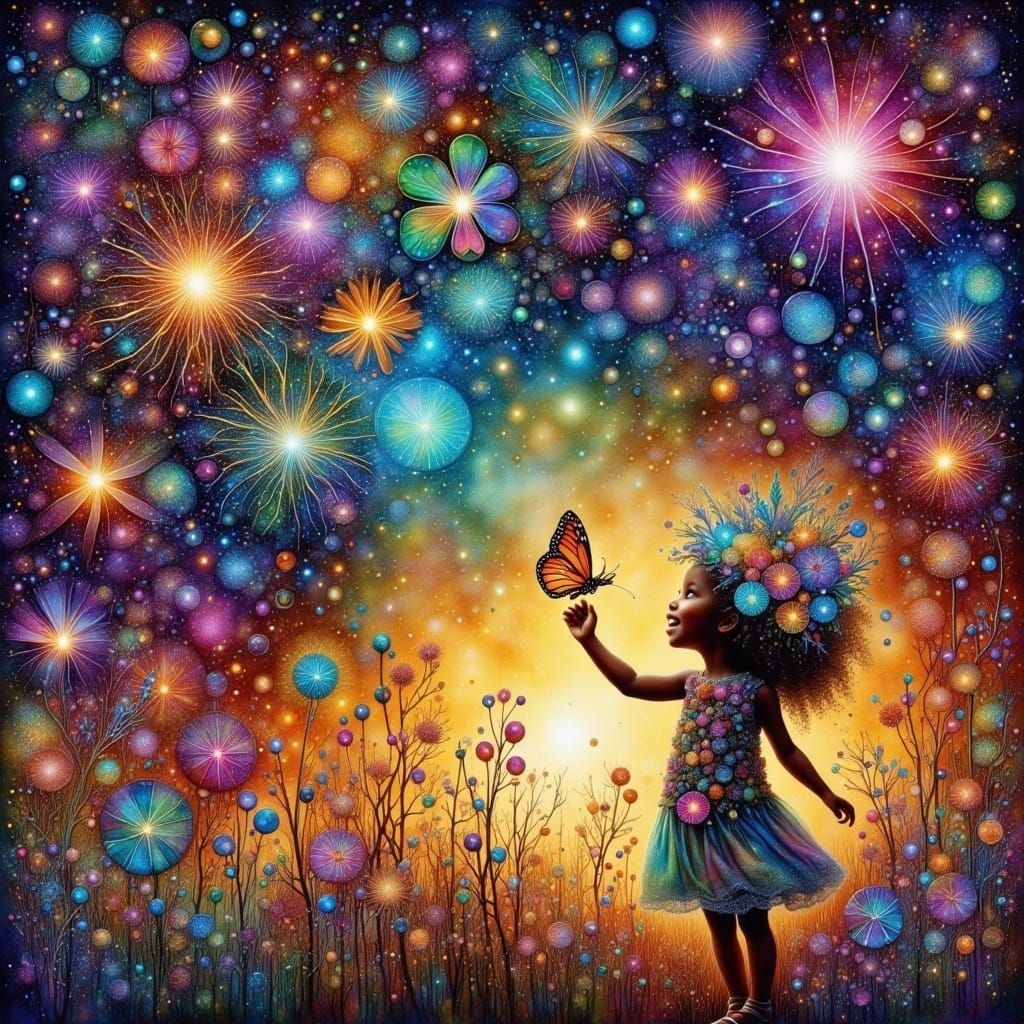 Excited Girl with Butterfly in Vivid Meadow