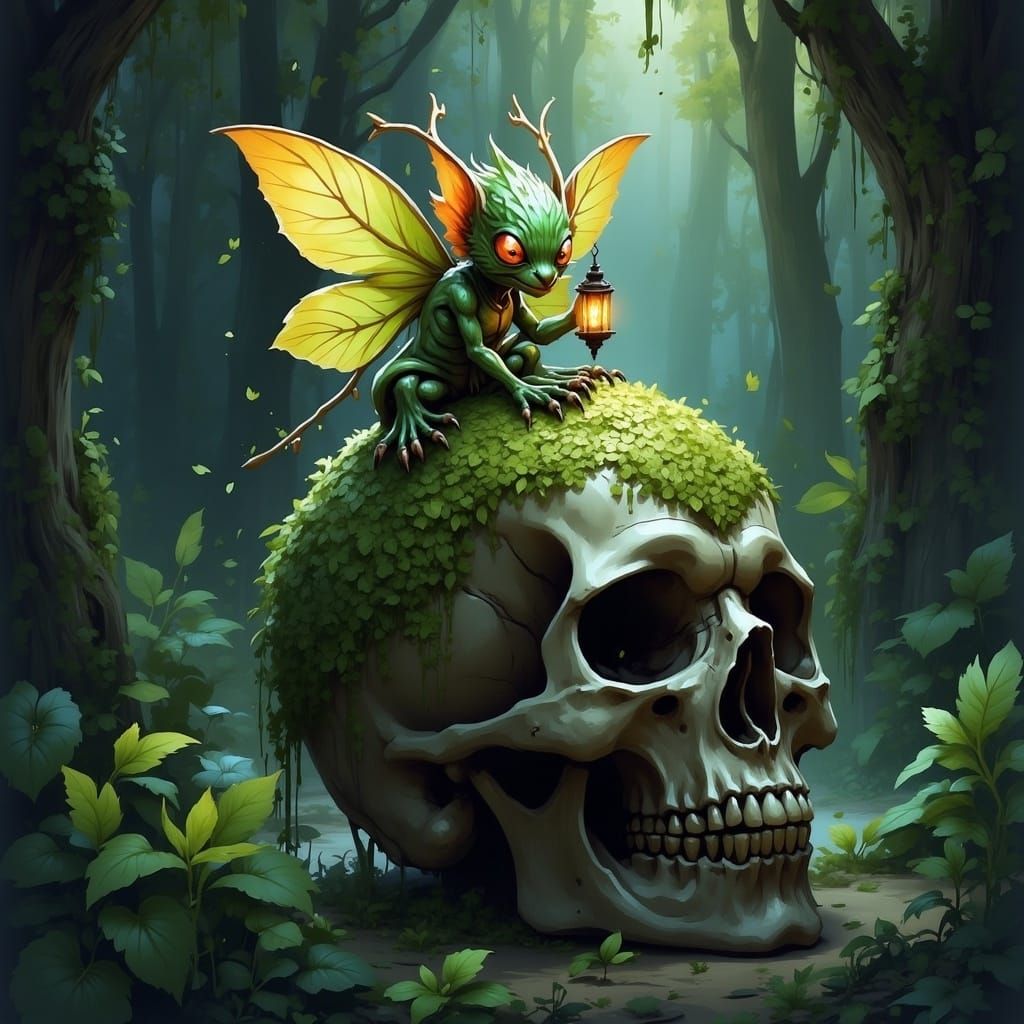 Dark Fairy on Skull in Emerald Forest