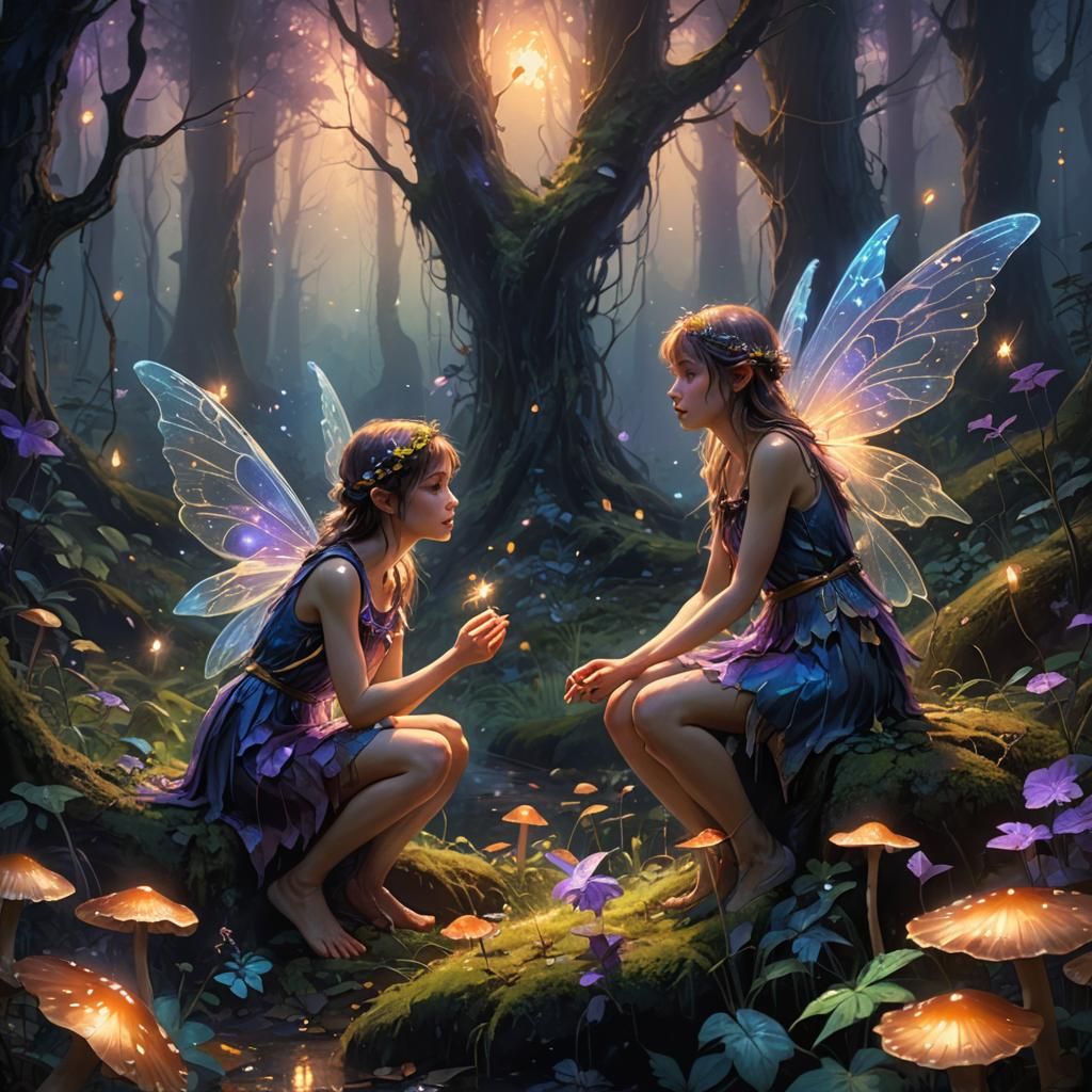 Fairies in Misty Forest with Torn Wing: Fantasy Art