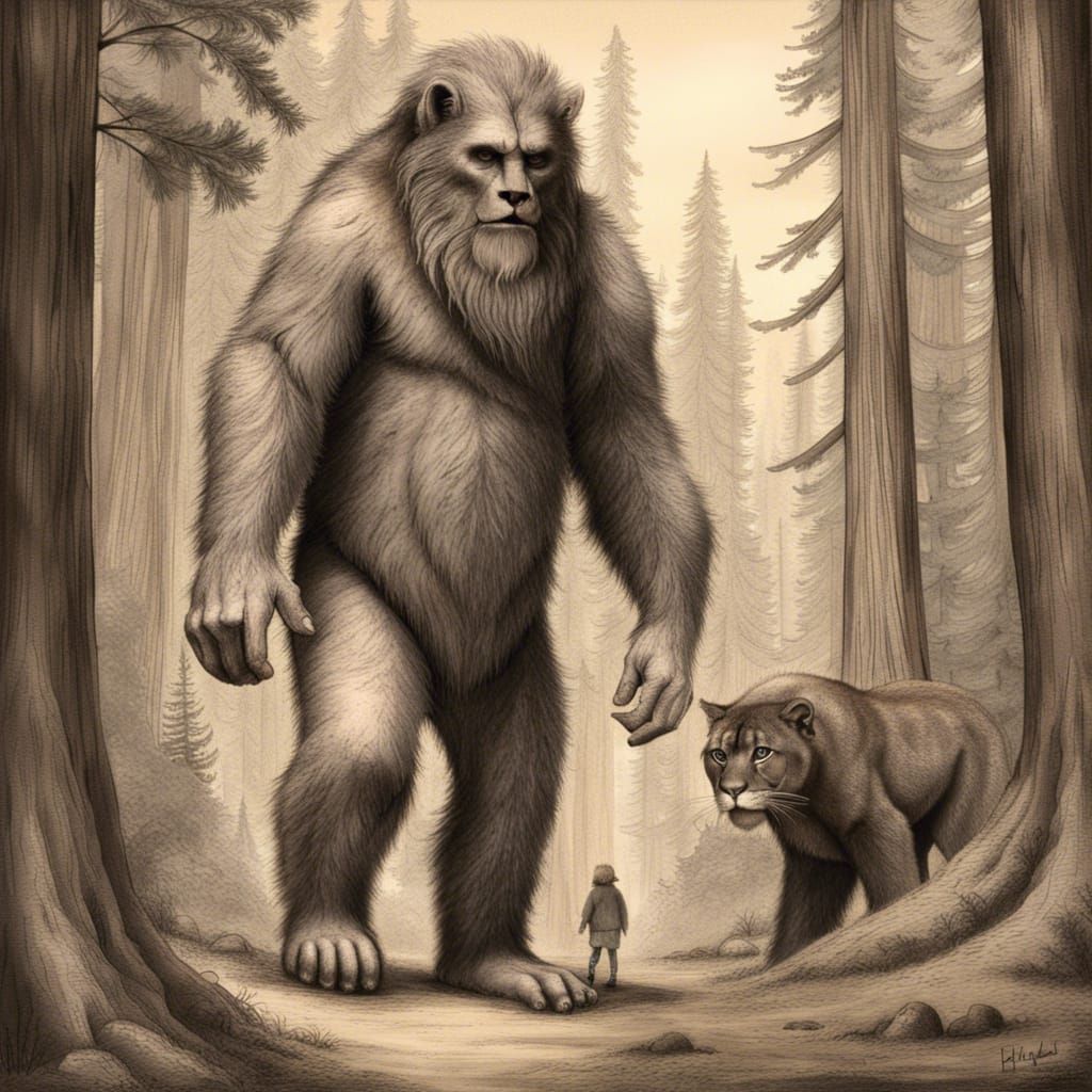 the distinguished & epically hairy bigfoot walked purposefully through the giant majestic redwood forest with a limp dea...