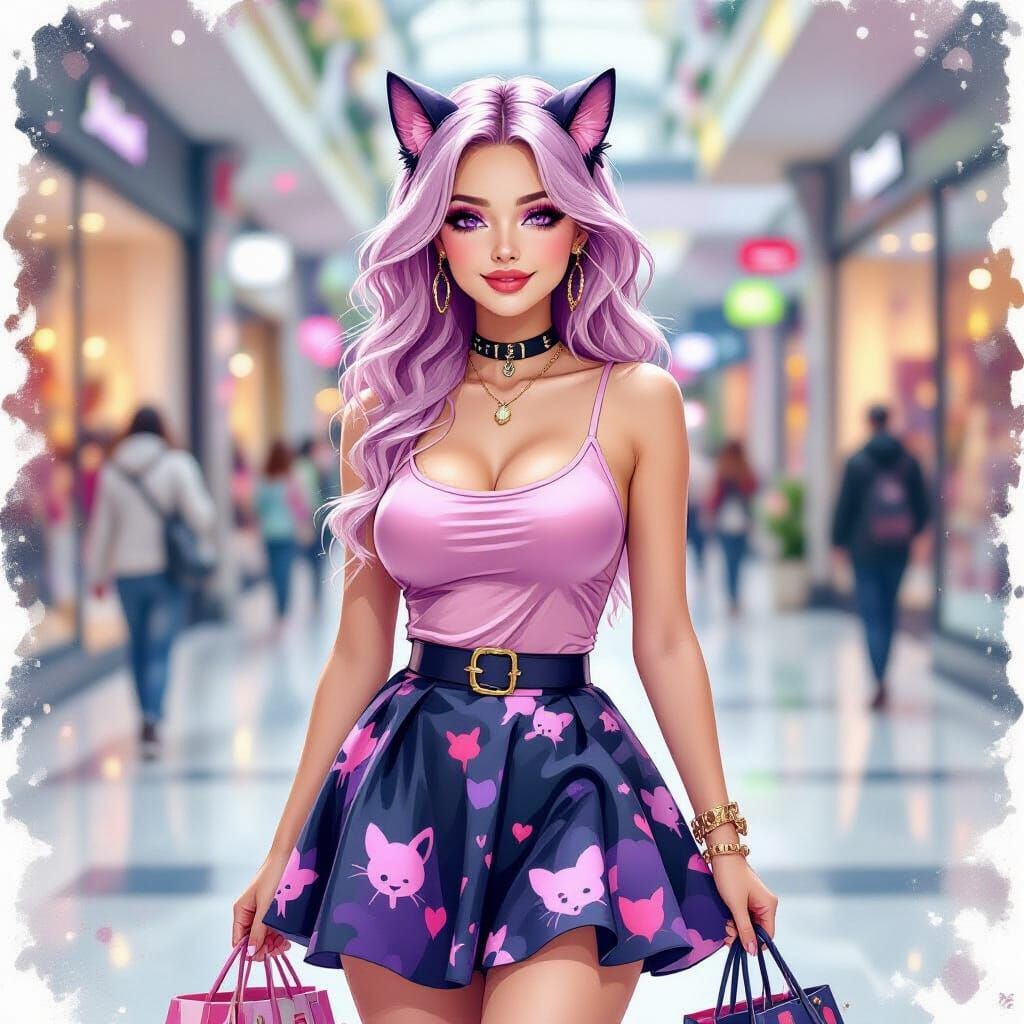 Pink Haired Woman Shopping in Watercolor Style