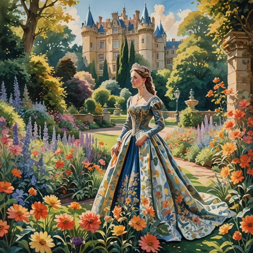 English Queen in Garden: Gouache Impressionist Masterpiece
