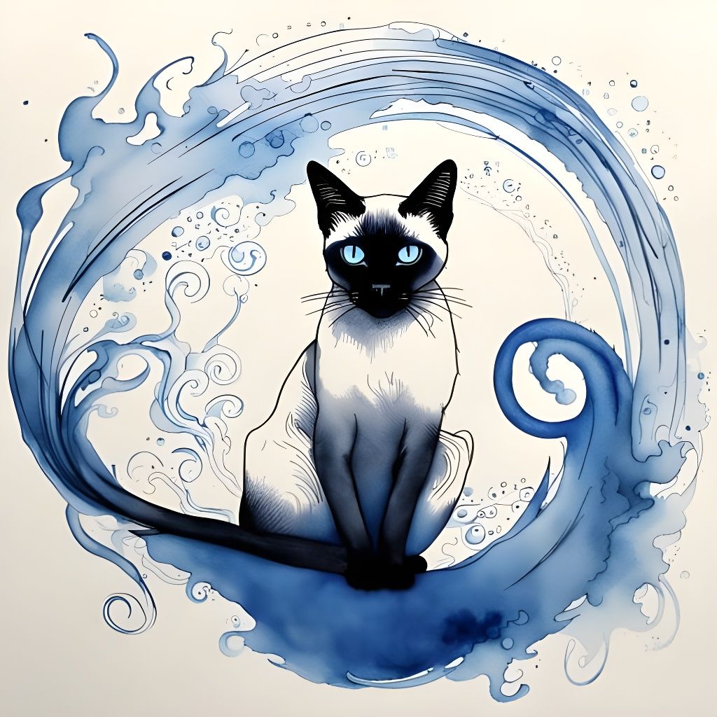 Elegant Siamese Cat in Blue Watercolour Ink