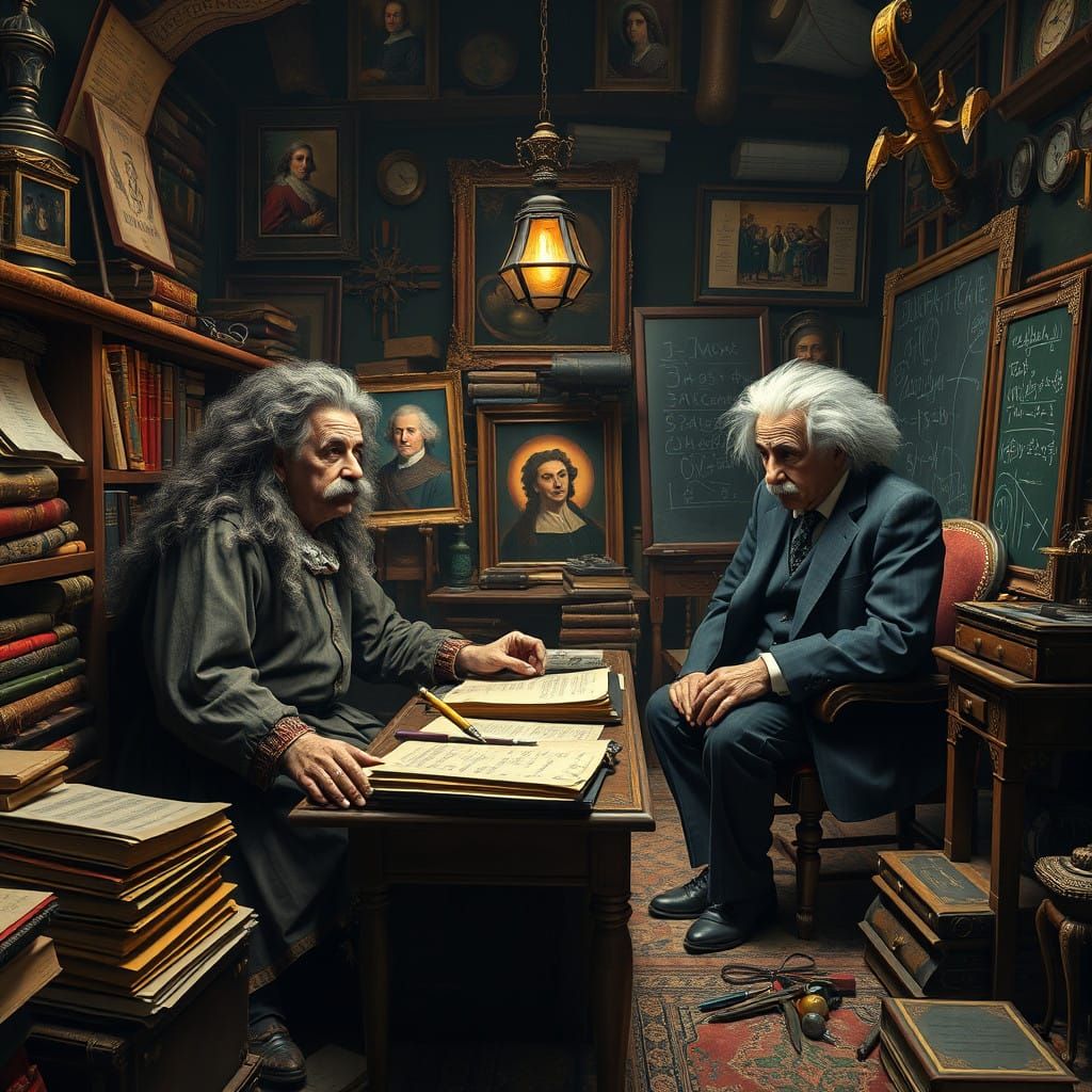 Visionary Minds Converse in Renaissance Setting