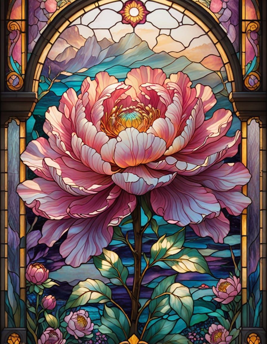 Stained Glass Peony Window in Ethereal Fantasy Style